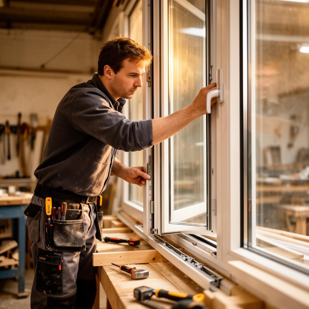 Fensterbauer beim Einbau eines modernen Fensters
